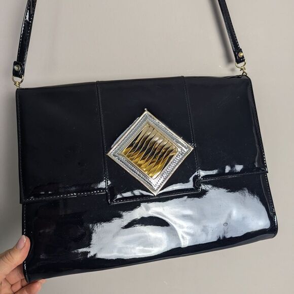 Vintage Envelope clutch Patent leather Extra large 80s shoulder bag - Picture 4 of 8